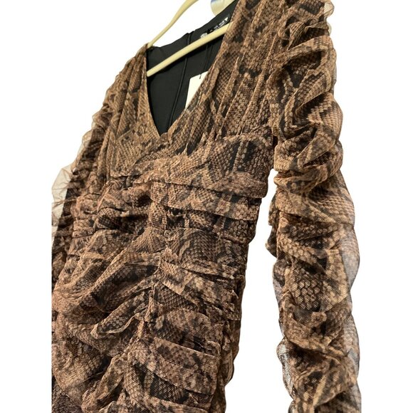 Zara Brown Snake Print Mesh Ruched Long Sleeve Mini Dress Size L - Picture 3 of 8